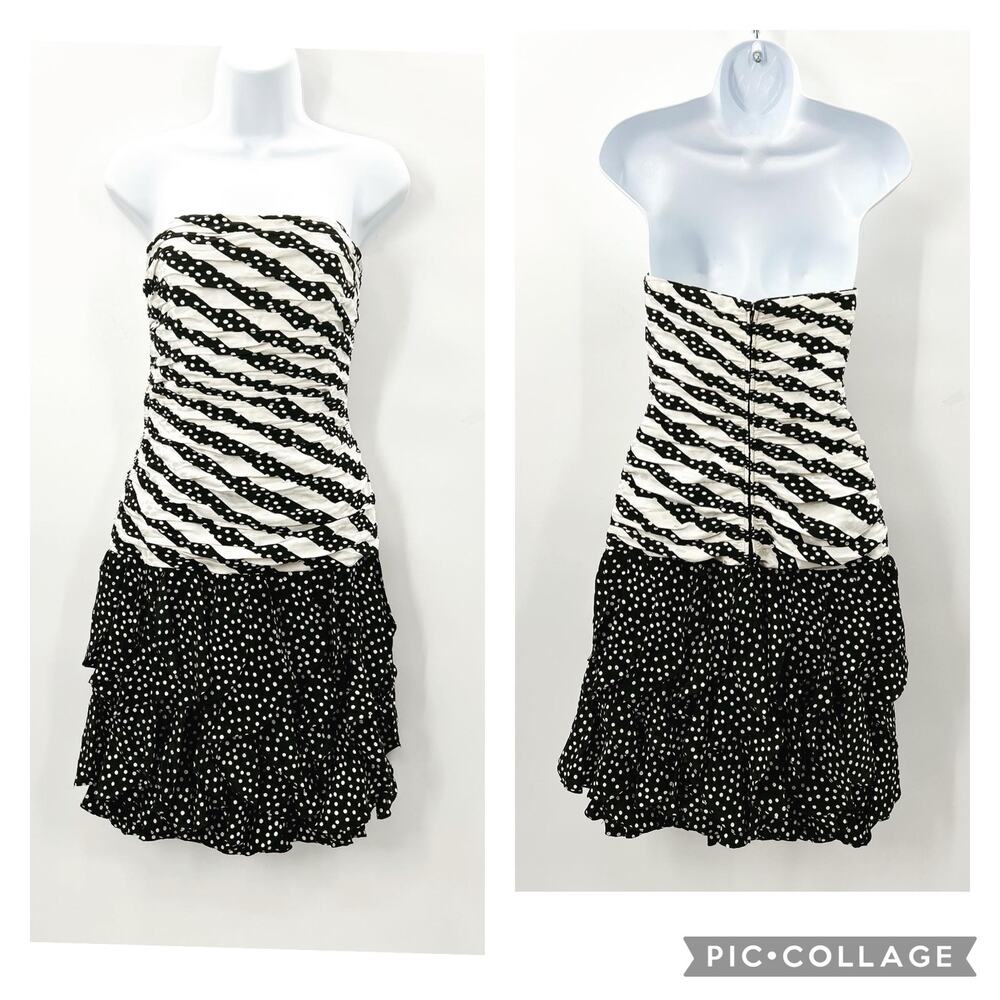 Vintage 80s A.J. Bari Silk Strapless Polka Dot Dress Sz 6